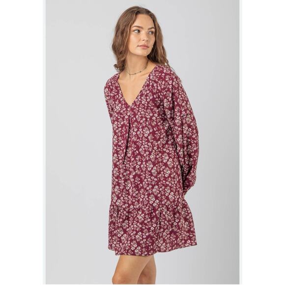 Elodie Small Floral V-Neck Tie Wrap Mini Dress Western Rose Long Sleeve Cottage - Picture 1 of 9
